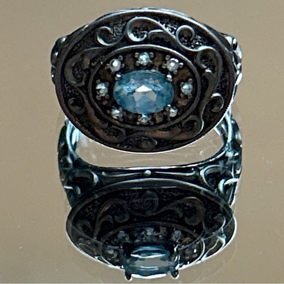Blue Topaz Oxidized Sterling Silver Ornate Scroll Ring 10 - Picture 3 of 16